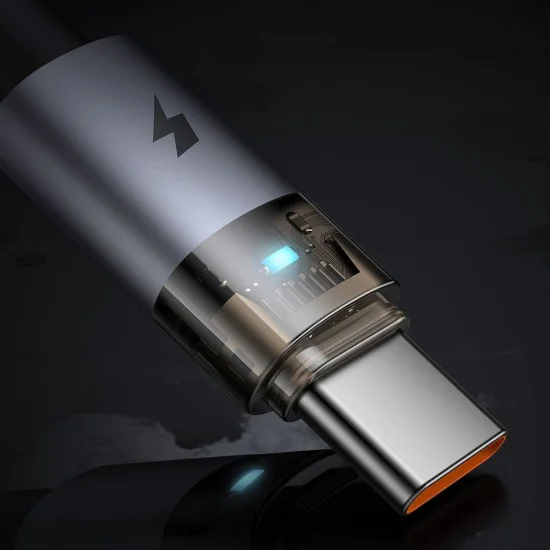 Кабел за данни – Mcdodo (CA-6890) – със светлина при зареждане, USB-C → USB-A, прозрачен кабел, 6A, 1.2m – Черен