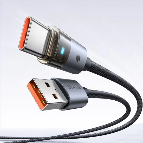 Кабел за данни – Mcdodo (CA-6890) – със светлина при зареждане, USB-C → USB-A, прозрачен кабел, 6A, 1.2m – Черен