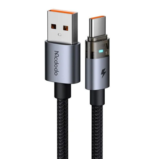 Кабел за данни – Mcdodo (CA-6890) – със светлина при зареждане, USB-C → USB-A, прозрачен кабел, 6A, 1.2m – Черен