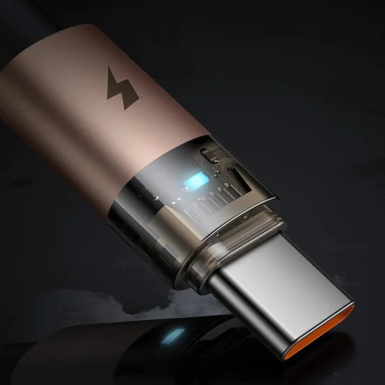 Кабел за данни – Mcdodo (CA-6891) – със светлина при зареждане, USB-C → USB-A, прозрачен кабел, 6A, 1.2m – Desert Gold