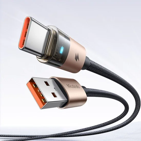 Кабел за данни – Mcdodo (CA-6891) – със светлина при зареждане, USB-C → USB-A, прозрачен кабел, 6A, 1.2m – Desert Gold