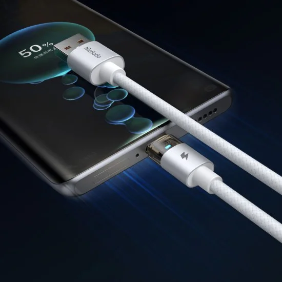 Кабел за данни – Mcdodo (CA-6892) – със светлина при зареждане, USB-C → USB-A, прозрачен кабел, 6A, 1.2m – Бял