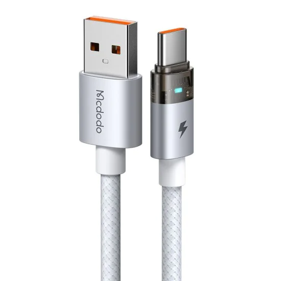 Кабел за данни – Mcdodo (CA-6892) – със светлина при зареждане, USB-C → USB-A, прозрачен кабел, 6A, 1.2m – Бял