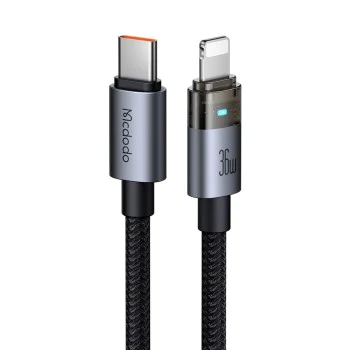Кабел за данни – Mcdodo (CA-6940) – със светлина при зареждане, USB-C → Lightning, прозрачен кабел, 36W, 1.2m – Черен