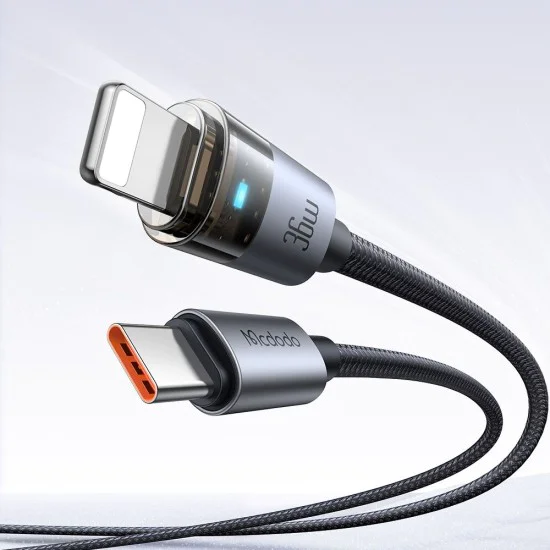 Кабел за данни – Mcdodo (CA-6940) – със светлина при зареждане, USB-C → Lightning, прозрачен кабел, 36W, 1.2m – Черен