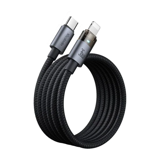 Кабел за данни – Mcdodo (CA-6940) – със светлина при зареждане, USB-C → Lightning, прозрачен кабел, 36W, 1.2m – Черен