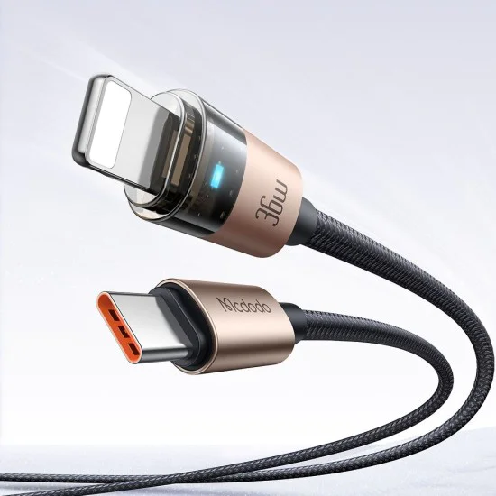 Кабел за данни – Mcdodo (CA-6941) – със светлина при зареждане, USB-C → Lightning, прозрачен кабел, 36W, 1.2m – Desert Gold
