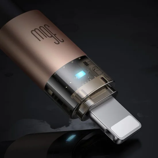 Кабел за данни – Mcdodo (CA-6941) – със светлина при зареждане, USB-C → Lightning, прозрачен кабел, 36W, 1.2m – Desert Gold