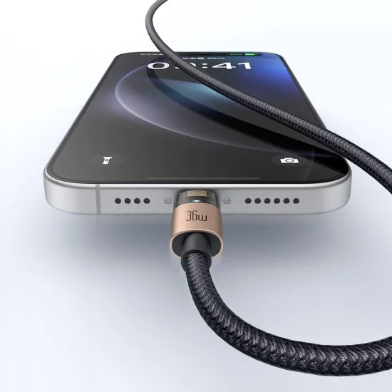 Кабел за данни – Mcdodo (CA-6941) – със светлина при зареждане, USB-C → Lightning, прозрачен кабел, 36W, 1.2m – Desert Gold