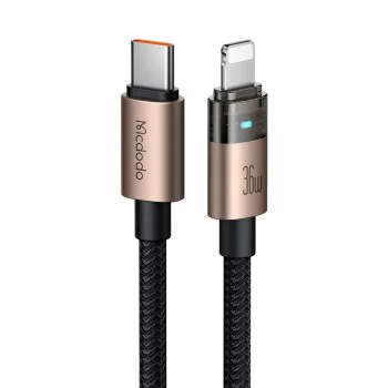 Кабел за данни – Mcdodo (CA-6941) – със светлина при зареждане, USB-C → Lightning, прозрачен кабел, 36W, 1.2m – Desert Gold