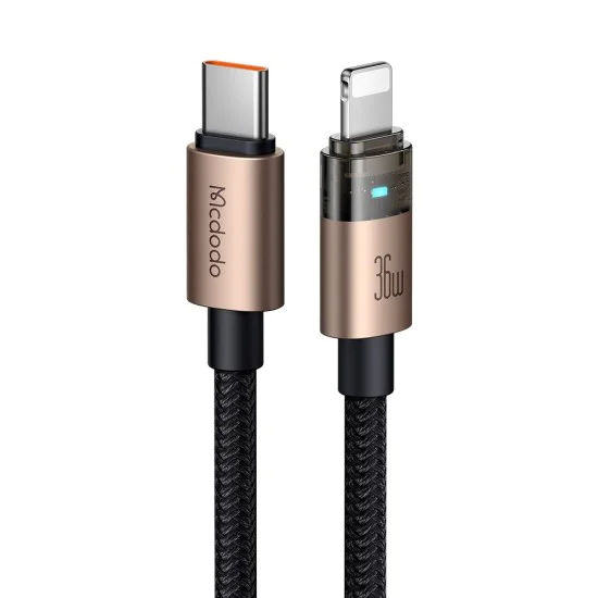 Кабел за данни – Mcdodo (CA-6941) – със светлина при зареждане, USB-C → Lightning, прозрачен кабел, 36W, 1.2m – Desert Gold
