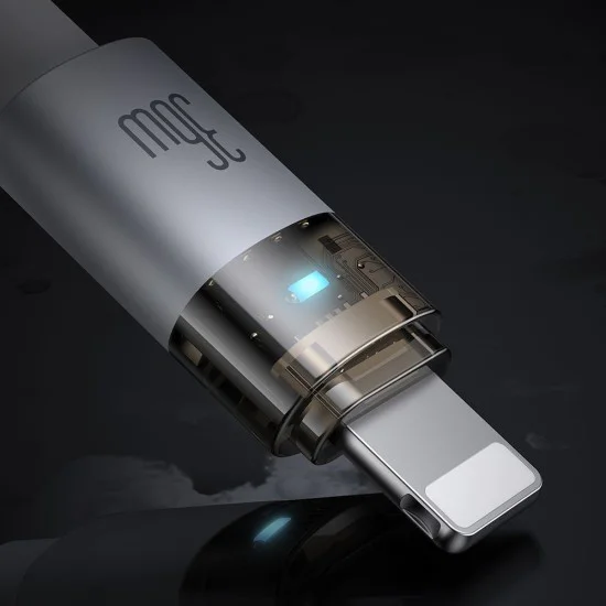Кабел за данни – Mcdodo (CA-6942) – със светлина при зареждане, USB-C → Lightning, прозрачен кабел, 36W, 1.2m – Бял