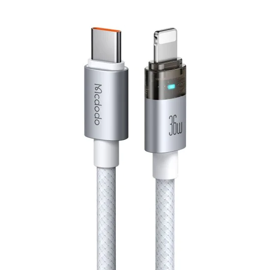 Кабел за данни – Mcdodo (CA-6942) – със светлина при зареждане, USB-C → Lightning, прозрачен кабел, 36W, 1.2m – Бял