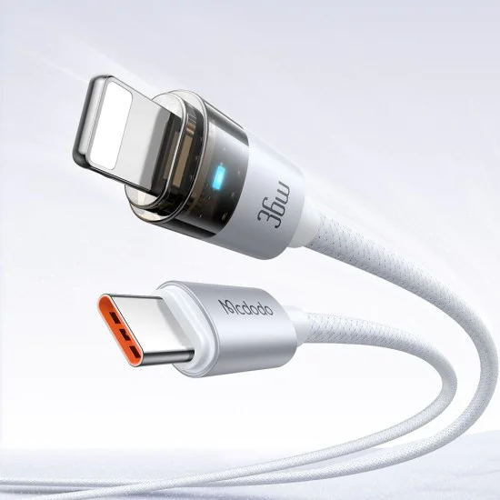 Кабел за данни – Mcdodo (CA-6942) – със светлина при зареждане, USB-C → Lightning, прозрачен кабел, 36W, 1.2m – Бял
