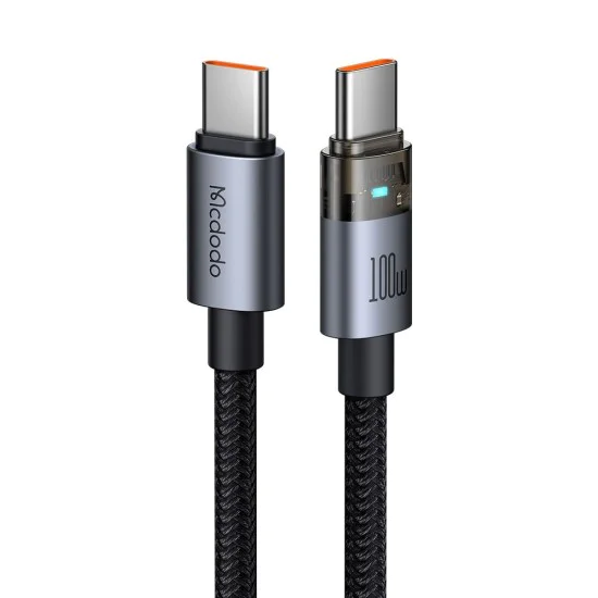 Кабел за данни – Mcdodo (CA-5580) – със светлина при зареждане, USB-C → USB-C, прозрачен, 100W, 1.2m – Черен