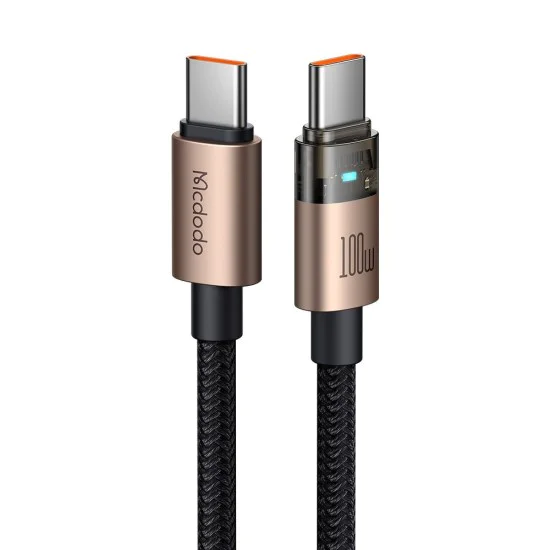 Кабел за данни – Mcdodo (CA-5581) – със светлина при зареждане, USB-C → USB-C, прозрачен, 100W, 1.2m – Desert Gold