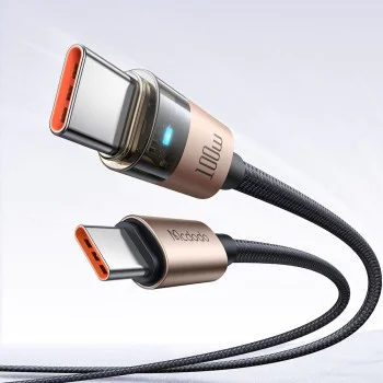 Кабел за данни – Mcdodo (CA-5581) – със светлина при зареждане, USB-C → USB-C, прозрачен, 100W, 1.2m – Desert Gold