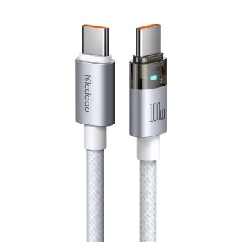 Кабел за данни – Mcdodo (CA-5582) – със светлина при зареждане, USB-C → USB-C, прозрачен, 100W, 1.2m – Бял