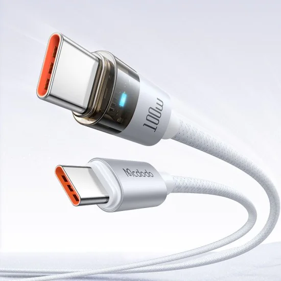 Кабел за данни – Mcdodo (CA-5582) – със светлина при зареждане, USB-C → USB-C, прозрачен, 100W, 1.2m – Бял