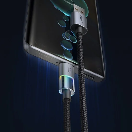 Кабел за данни – Mcdodo (CA-8180) – с 7 цветни светлини, USB-A → USB-C, 6A, 1.2m – Черен