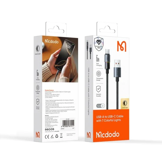Кабел за данни – Mcdodo (CA-8180) – с 7 цветни светлини, USB-A → USB-C, 6A, 1.2m – Черен