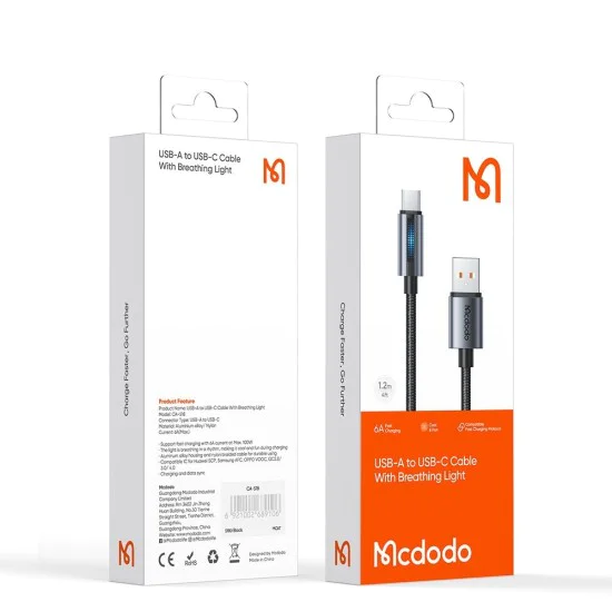 Кабел за данни – Mcdodo (CA-5180) – с дишаща светлина, USB-A → USB-C, 100W, 6A, 1.2m – Черен