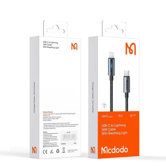 Кабел за данни – Mcdodo (CA-5710) – с дишаща светлина, USB-C → Lightning, 36W, 3A, 1.2m – Черен