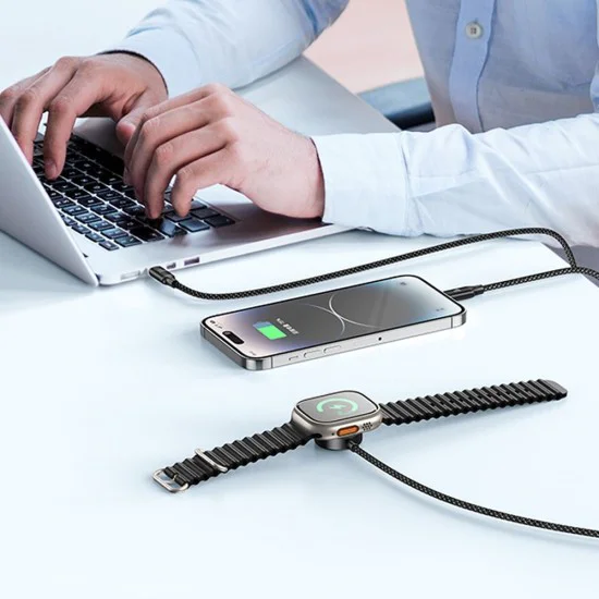Кабел 3в1 O Series – Mcdodo (CA-4940) – USB-C → Lightning/USB-C/зарядно за Apple Watch, 100W, 1.2m – Черен