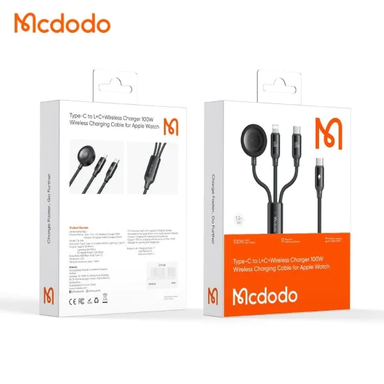 Кабел 3в1 O Series – Mcdodo (CA-4940) – USB-C → Lightning/USB-C/зарядно за Apple Watch, 100W, 1.2m – Черен