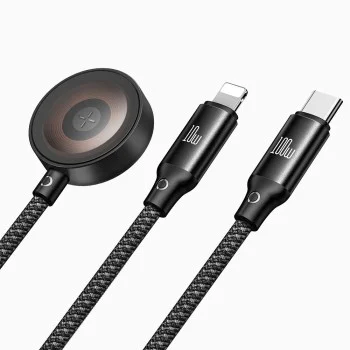 Кабел 3в1 O Series – Mcdodo (CA-4940) – USB-C → Lightning/USB-C/зарядно за Apple Watch, 100W, 1.2m – Черен