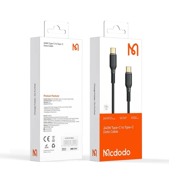 Кабел за данни – Mcdodo (CA-3310) – Type-C → Type-C, бързо зареждане, 240W, 5A, 1.2m – Черен