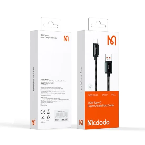 Кабел за данни – Mcdodo (CA-4730) – USB-A → Type-C, бързо зареждане, 6A, 120W, LED индикатор, 1.5m – Черен