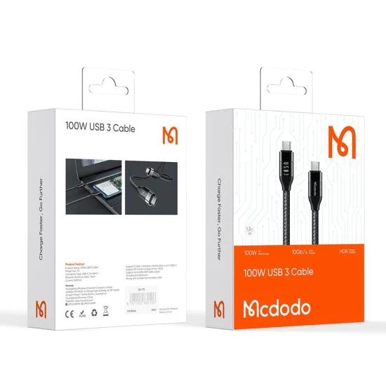 Кабел за данни – Mcdodo (CA-7132) – USB-C → USB-C, 100W, 10Gb/s, 4K@60Hz, 5A, 1.2m – Черен