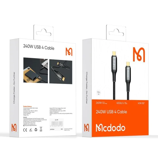Кабел за данни – Mcdodo (CA-2990) – Type-C → Type-C, 240W, Thunderbolt 3, 40Gb/s, 8K Ultra HD, 1.2m – Черен