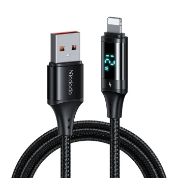 Кабел за данни – Mcdodo (CA-1060) – USB 2.0 → Lightning, цифров дисплей, найлон оплетка, алуминий, 3A, 1.2m – Черен