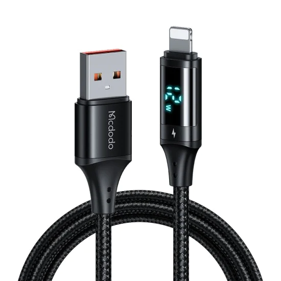 Кабел за данни – Mcdodo (CA-1060) – USB 2.0 → Lightning, цифров дисплей, найлон оплетка, алуминий, 3A, 1.2m – Черен