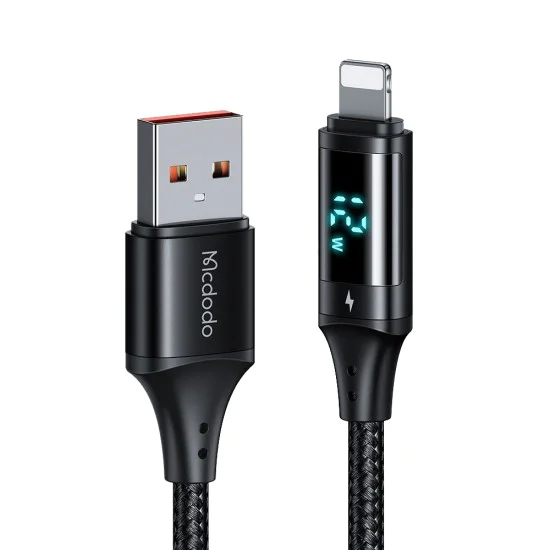 Кабел за данни – Mcdodo (CA-1060) – USB 2.0 → Lightning, цифров дисплей, найлон оплетка, алуминий, 3A, 1.2m – Черен
