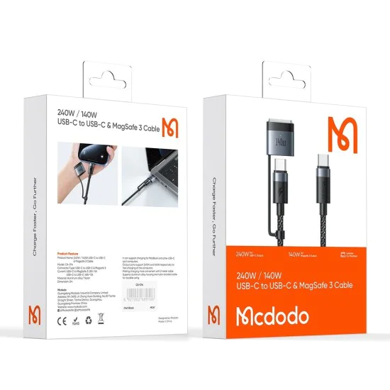 Кабел 2-в-1 – Mcdodo (CA-0140) – USB-C → USB-C + MagSafe 3, 240W, LED, 2m – Черен