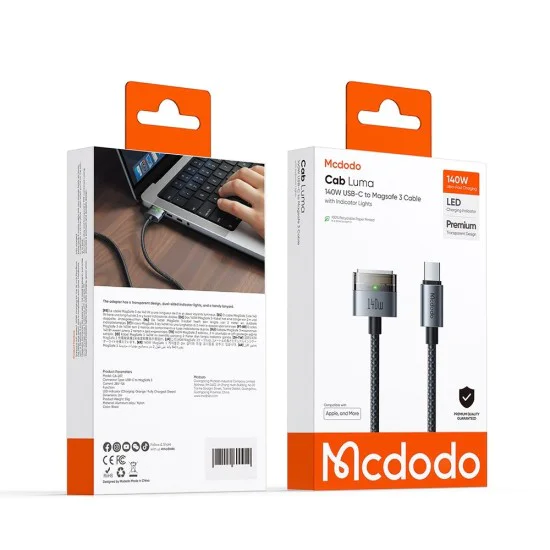 Магнитен кабел – Mcdodo (CA-2070) – USB-C → MagSafe 3, 140W, LED, 2m – Черен