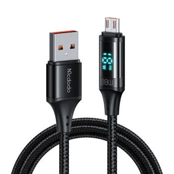 Кабел за данни – Mcdodo (CA-1070) – USB 2.0 → Micro-USB, цифров дисплей, найлон оплетка, алуминий, 3A, 1.2m – Черен
