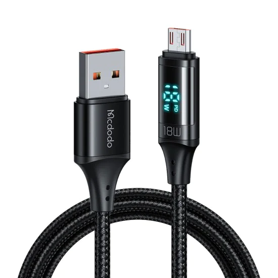 Кабел за данни – Mcdodo (CA-1070) – USB 2.0 → Micro-USB, цифров дисплей, найлон оплетка, алуминий, 3A, 1.2m – Черен