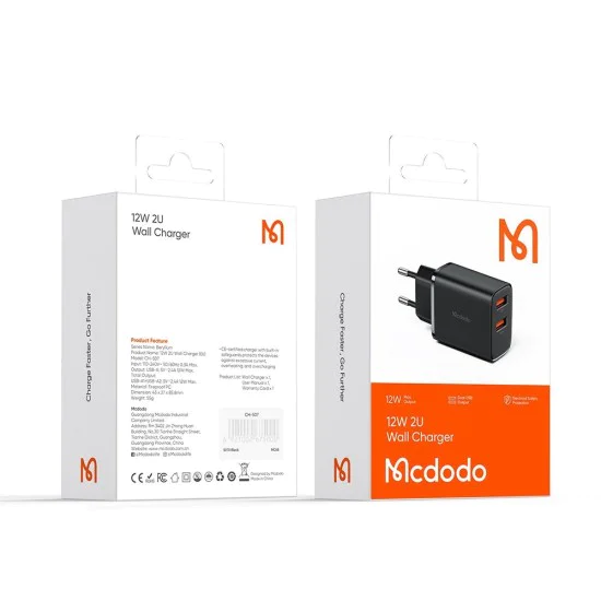 Стенен адаптер Beryllium Series – Mcdodo (CH-5070) – 2× USB-A, 12W, 2A, огнеупорен PC – Черен