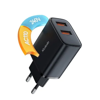 Стенен адаптер Beryllium Series – Mcdodo (CH-5070) – 2× USB-A, 12W, 2A, огнеупорен PC – Черен