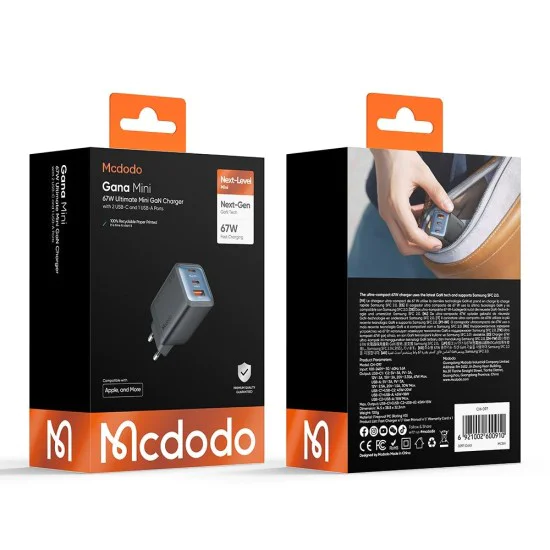 Стенен адаптер Gana Mini Series – Mcdodo (CH-0970) – 2× USB-C, 1× USB-A, 67W, GaN технология – Черен
