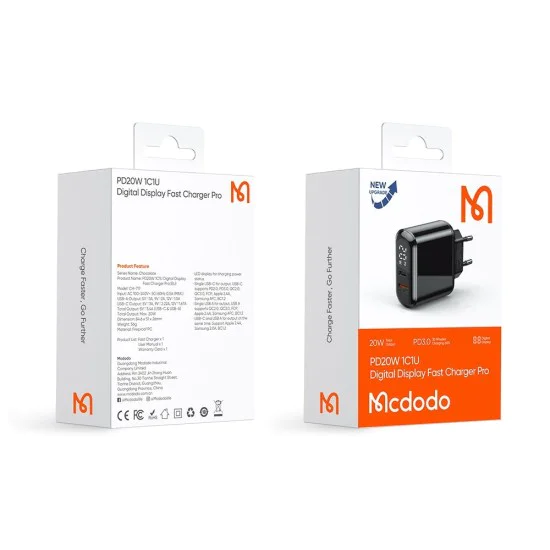 Стенен адаптер Chocolate Series – Mcdodo (CH-7170) – USB-C/A, 20W, цифров дисплей, PD + QC – Черен