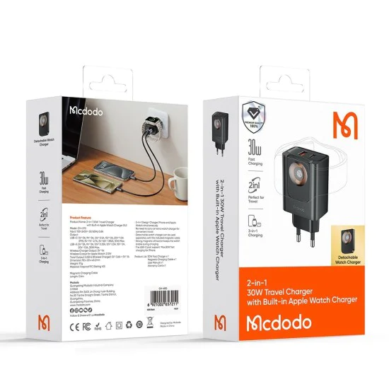 Стенен адаптер Travel Companion Series – Mcdodo (CH-3700) – с вградено Apple Watch зарядно, 30W, USB-A/C – Черен