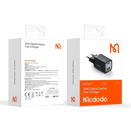 Стенен адаптер Graphite Series – Mcdodo (CH-1701) – USB-A, USB-C, 33W, бързо зареждане, цифров дисплей – Черен
