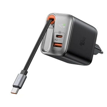 Стенен адаптер FreeGo Series – Mcdodo (CH-4281) – вграден USB-C прибиращ кабел, USB-A/C, 40W, цифров дисплей, 65cm – Черен
