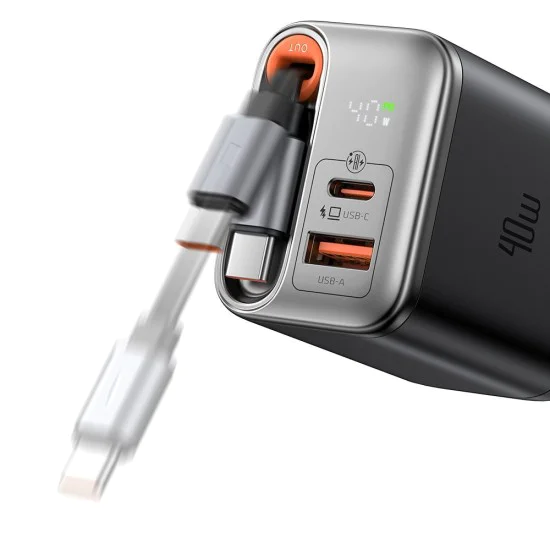 Стенен адаптер FreeGo Series – Mcdodo (CH-4281) – вграден USB-C прибиращ кабел, USB-A/C, 40W, цифров дисплей, 65cm – Черен