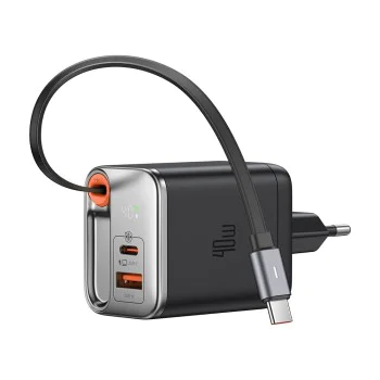 Стенен адаптер FreeGo Series – Mcdodo (CH-4281) – вграден USB-C прибиращ кабел, USB-A/C, 40W, цифров дисплей, 65cm – Черен